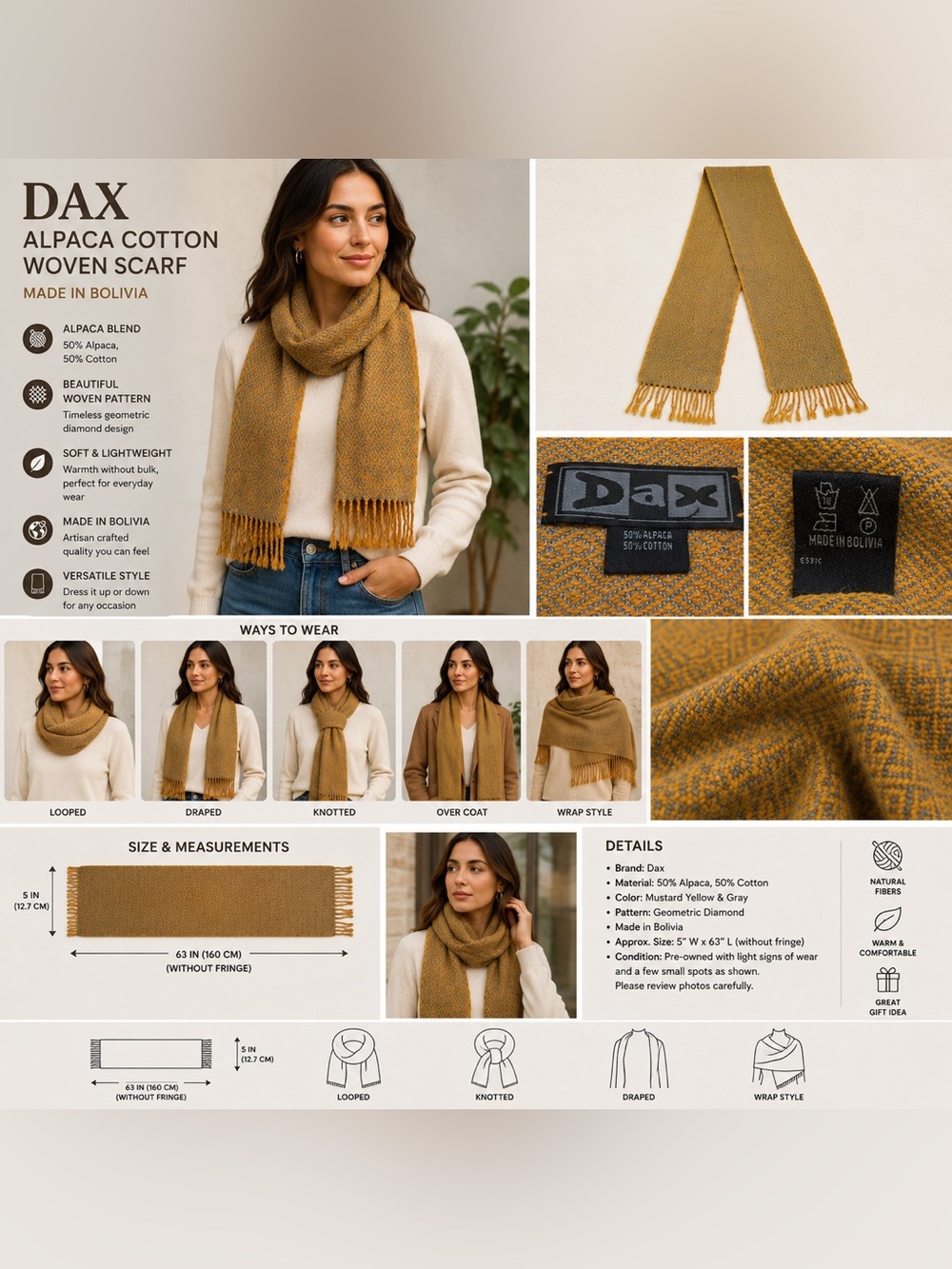 Dax Alpaca Cotton Woven Scarf Mustard Gray Geometric Fringe Made in Bolivia 63"